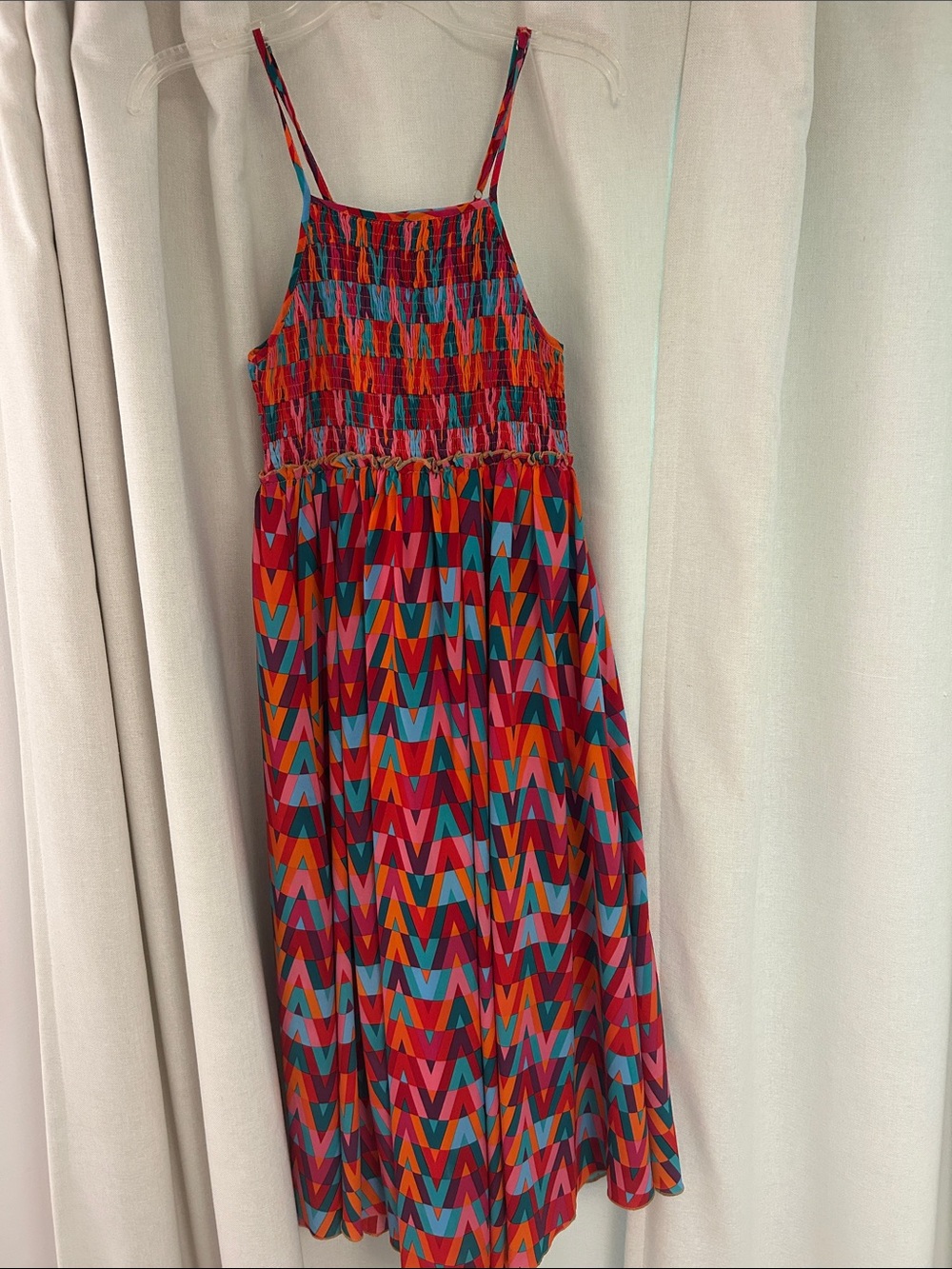 TCEC Multicolor Geometric Midi Dress — Red, Blue, Orange, Pink